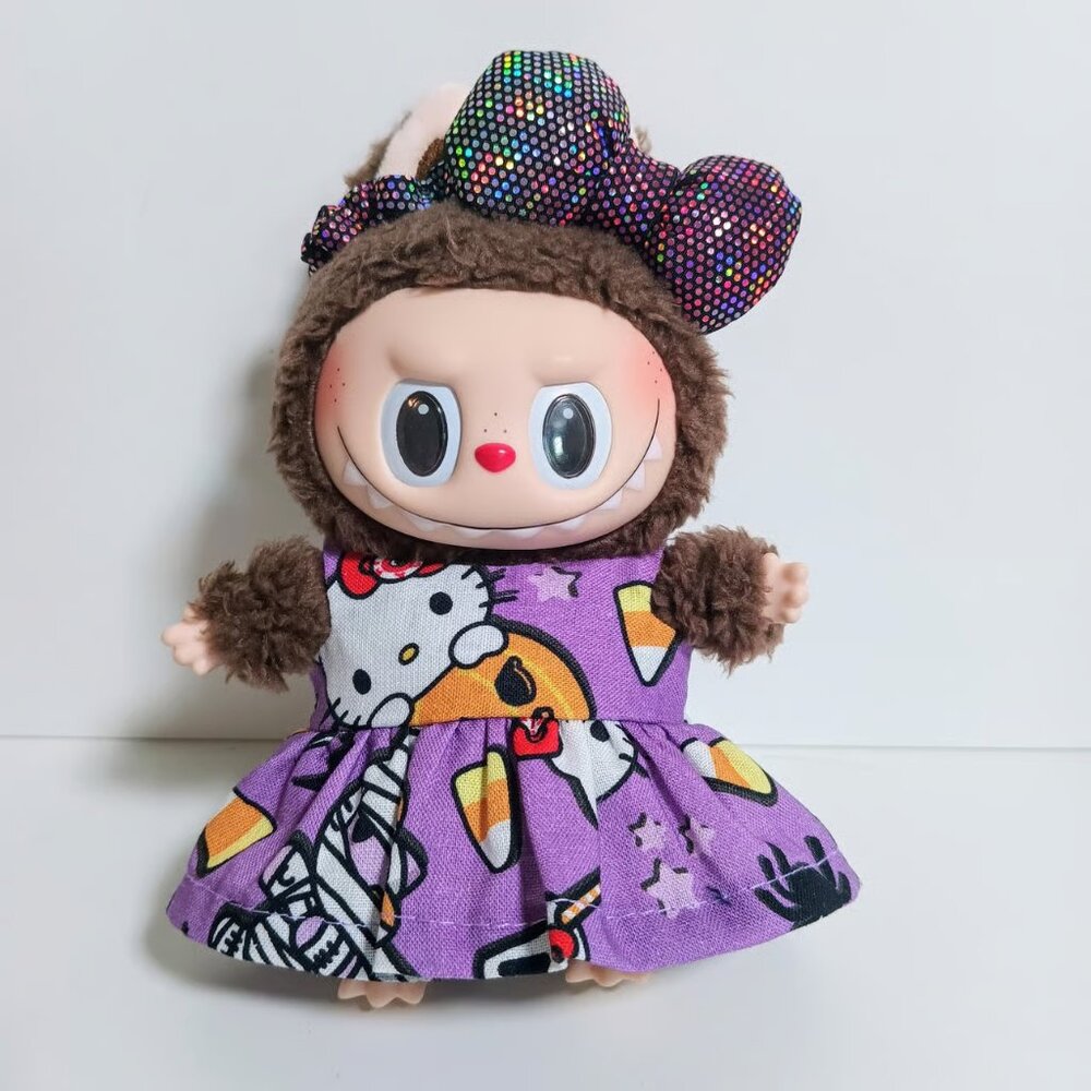 Custom Hello Kitty Halloween Dress and Metallic Bow Made to fit Labubu